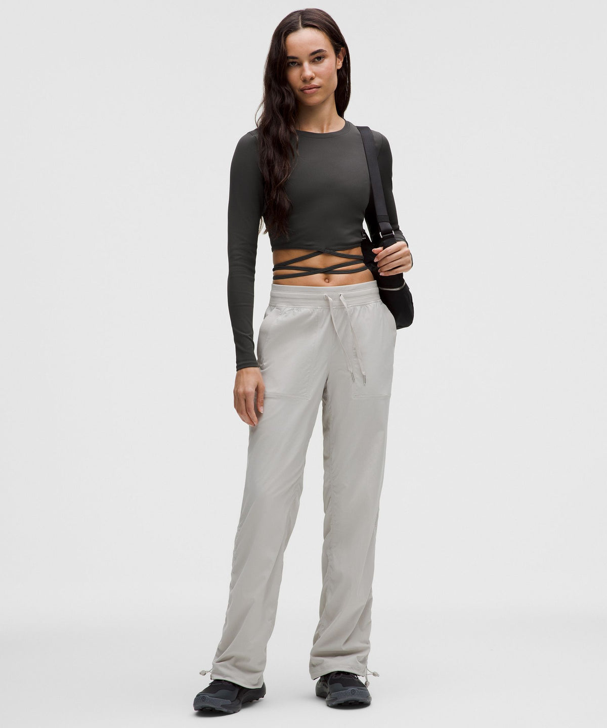 Logo Bead Ribbed Waist-Tie Long-Sleeve Shirt