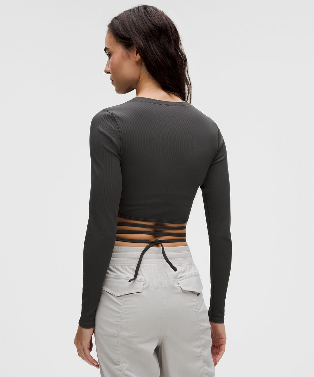 Logo Bead Ribbed Waist-Tie Long-Sleeve Shirt