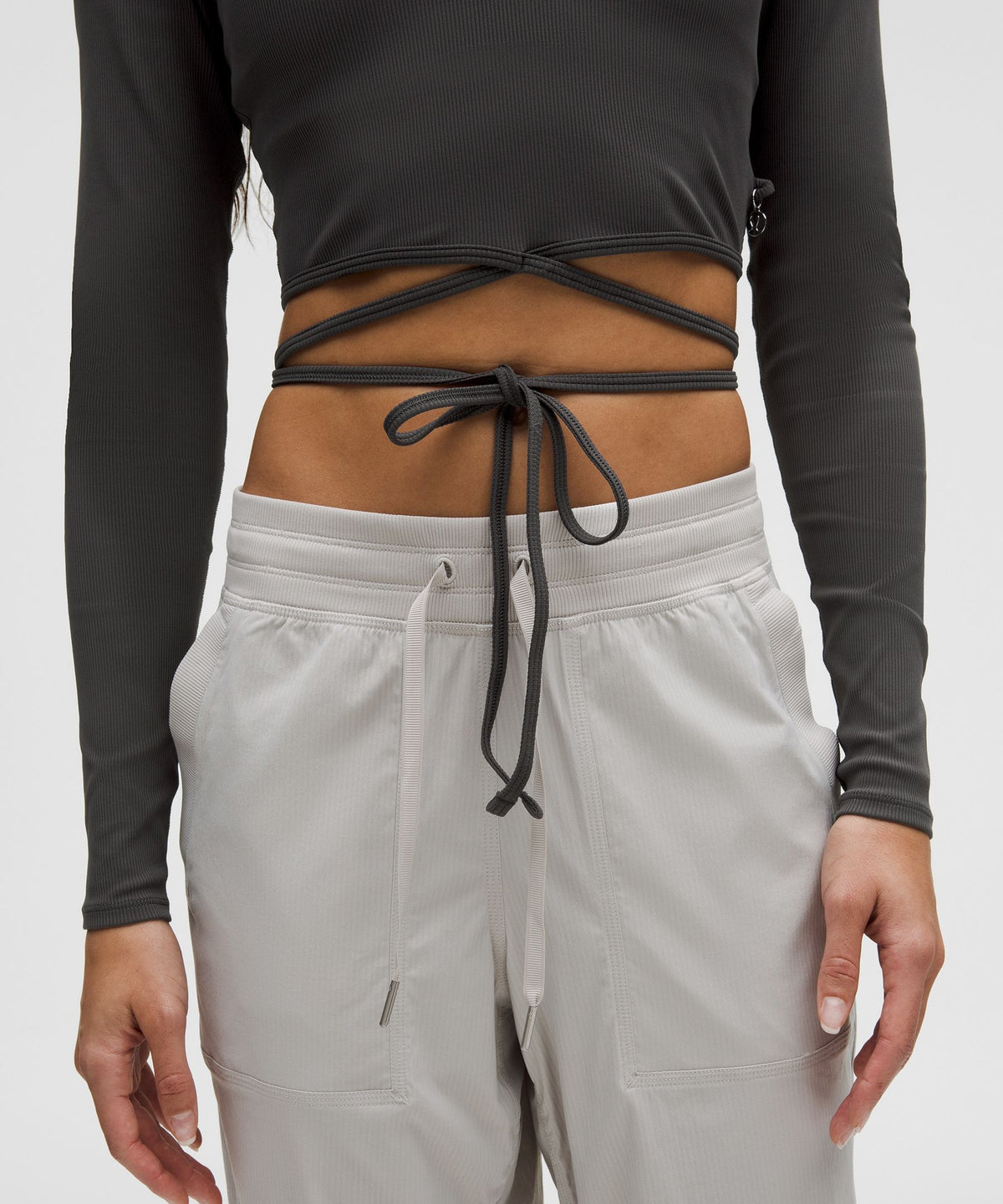 Logo Bead Ribbed Waist-Tie Long-Sleeve Shirt