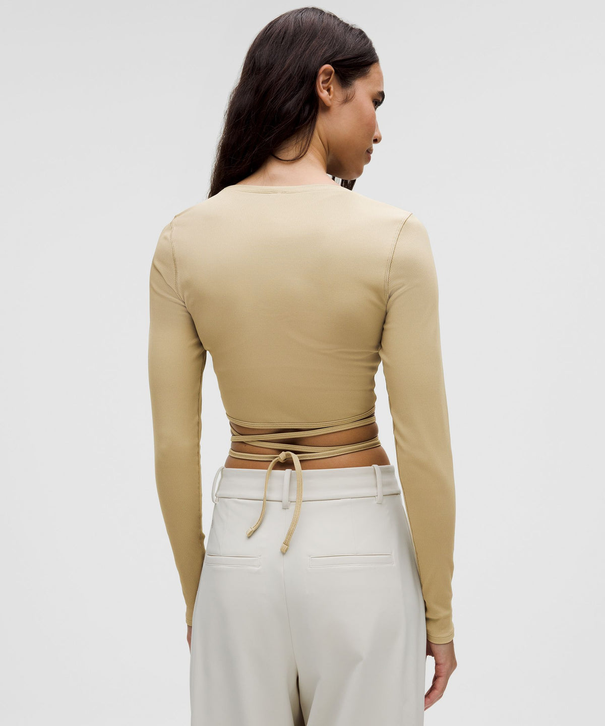 Logo Bead Ribbed Waist-Tie Long-Sleeve Shirt