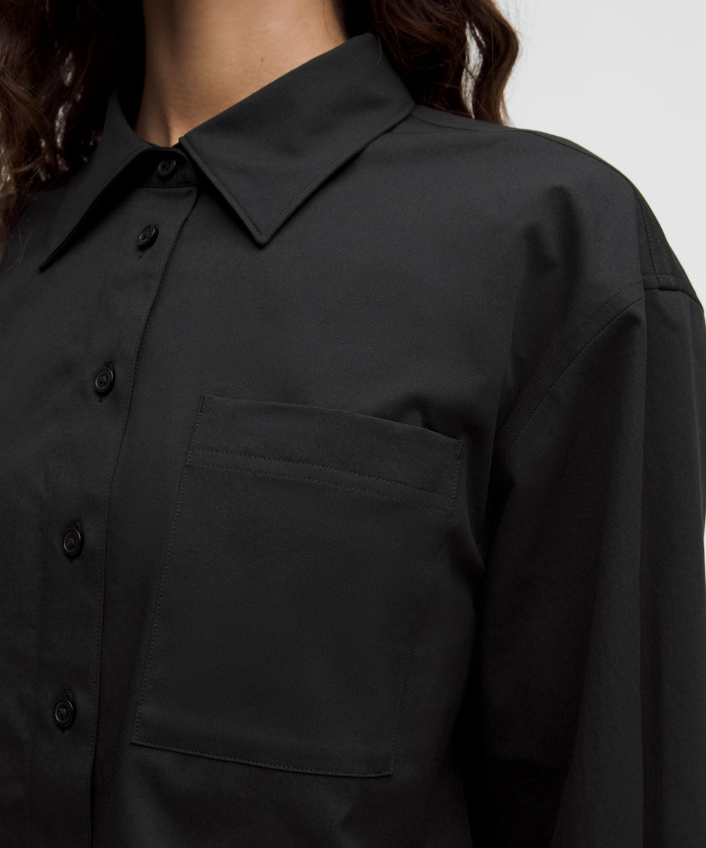 Woven Cropped Button-Up Long-Sleeve Shirt