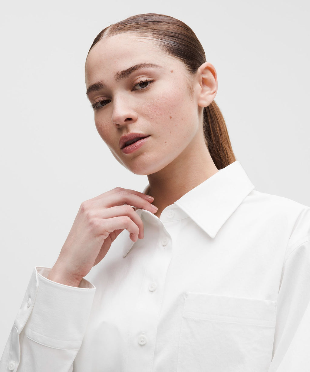 Woven Cropped Button-Up Long-Sleeve Shirt