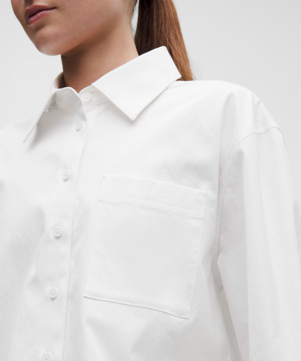 Woven Cropped Button-Up Long-Sleeve Shirt
