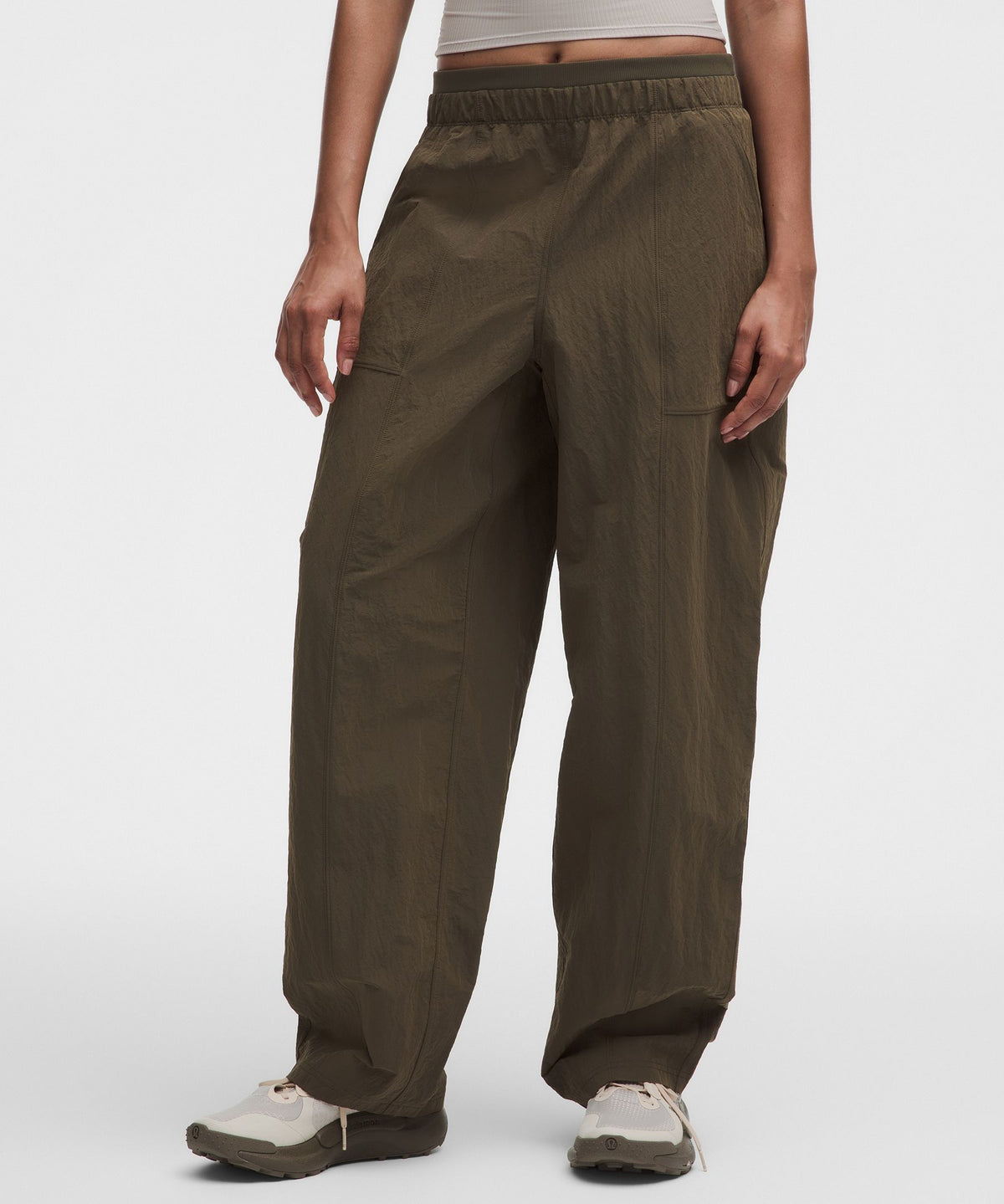 Crinkle Nylon Mid-Rise Barrel-Leg Pant