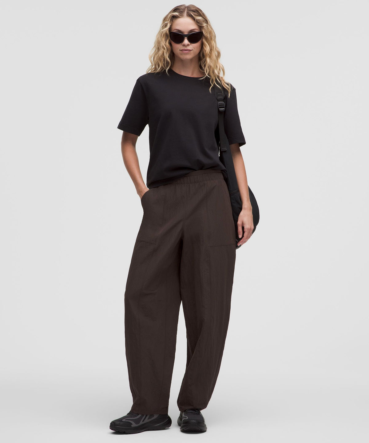 Crinkle Nylon Mid-Rise Barrel-Leg Pant