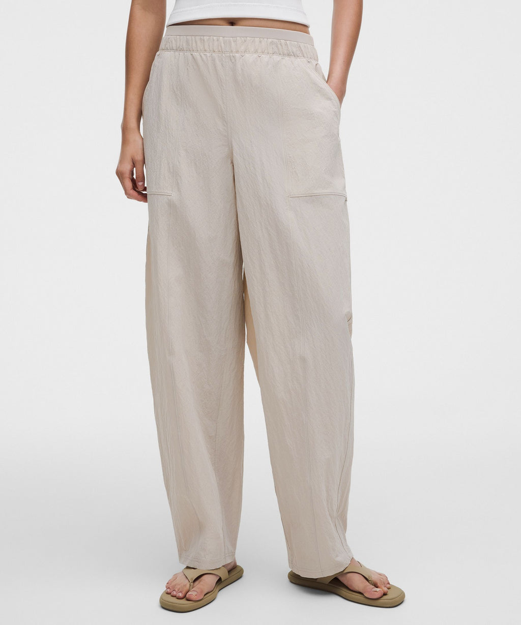 Crinkle Nylon Mid-Rise Barrel-Leg Pant