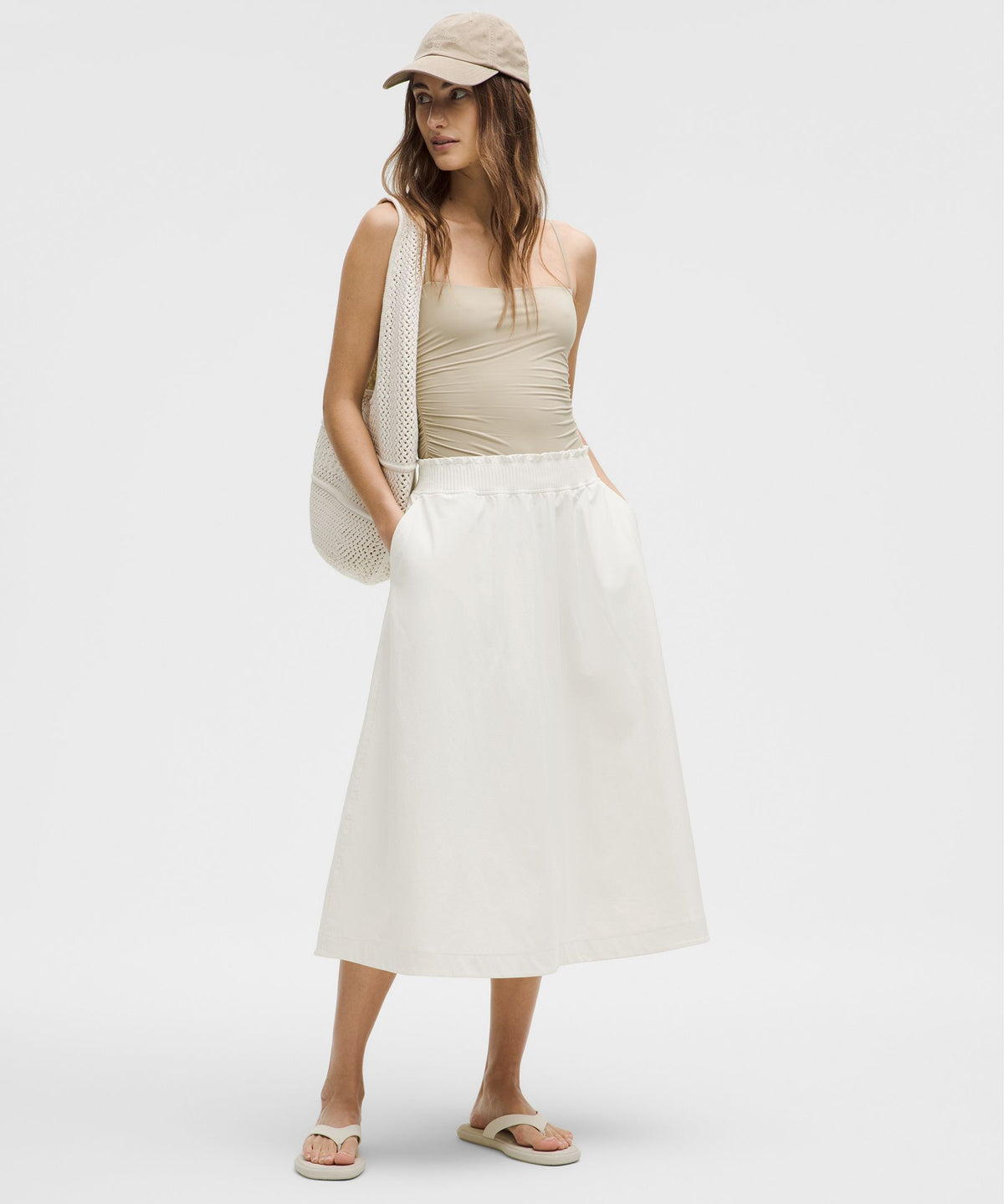 Stretch Woven Ruffle-Waist Midi Skirt