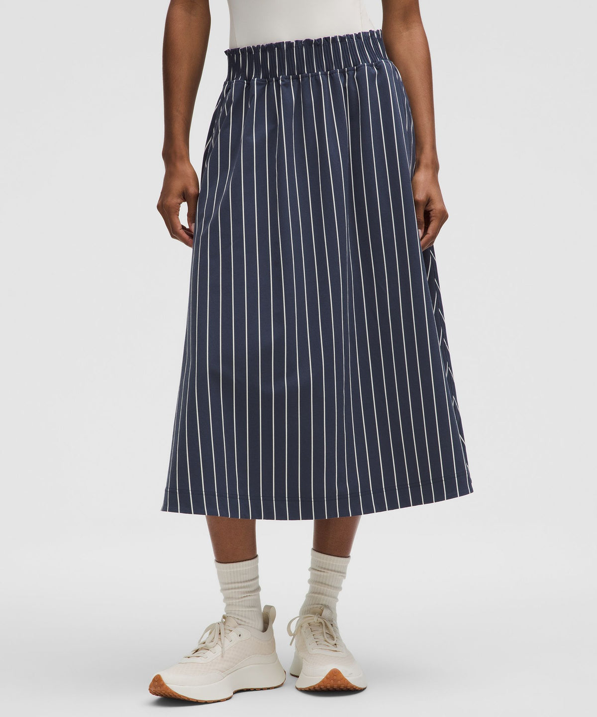 Stretch Woven Ruffle-Waist Midi Skirt